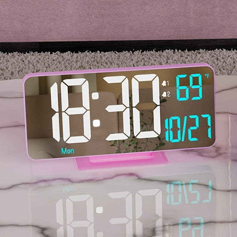 WHEAT Digital Alarm Clock for Bedroom - Corded Electric Desk Clock with LED Display, Date & Temperature, Dual Beep Alarm, Adjustable Brightness, USB Powered with 12/24H Format - Rectangle Plastic Frame