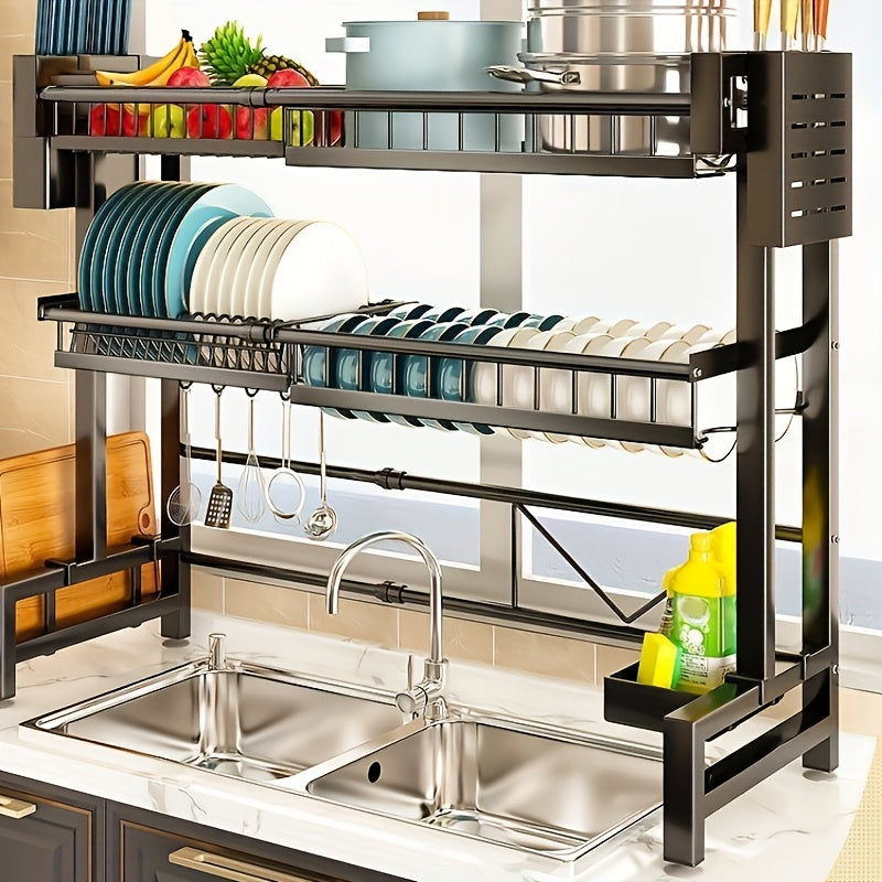 Expandable Multi-Tier Black Kitchen Organizer with Dish Rack, Drainage Tray, Spice Shelf & Towel Holder - Space-Saving Sink Storage for Dishes, Utensils | Durable Black Metal | Dustproof Design, Kitchen Accessories, Kitchen Organizers And Storage