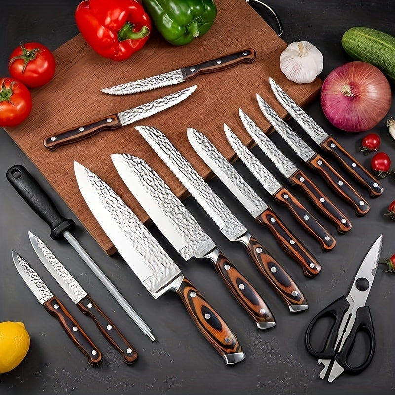 Kitchen Knife Set, 15pcs Knife Set With Block Wooden, Self Sharpening For Chef Knife Set, Medium Carbon Stainless Steel Hammered Knife Block Set With Steak Knives, Knives For Men, Boxed Knife Sets For Kitchen, For Family Gift, Local Warehouse
