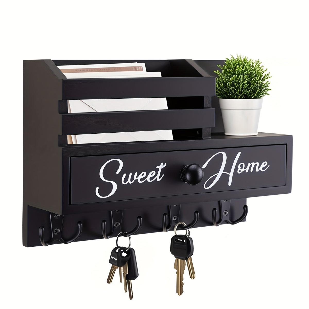 Wall Mounted Key and Mail Holder with Drawer, Rustic Wood Entryway Organizer with 8 Hooks and Shelf for Hallway, Mudroom, Kitchen and Office Storage