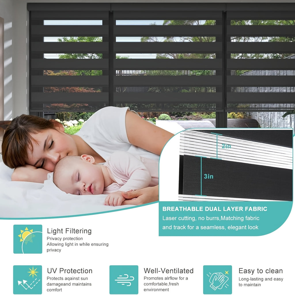 Cordless Zebra Blinds for Windows and Doors, Dual Layer Light Filtering Roller Shades in White, Beige, Grey or Black for Bedroom and Living Room Privacy