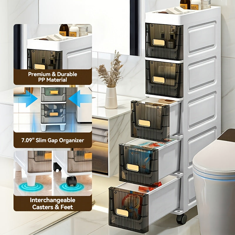 Deluxe Slim Storage Cabinet with Drawers - Durable Waterproof PP Material, Multi-Purpose Organizer with Ample Storage for Bathroom, Kitchen, Personal Care Product Dispensers, and More - Ideal for Small Spaces, Storage Drawer Units