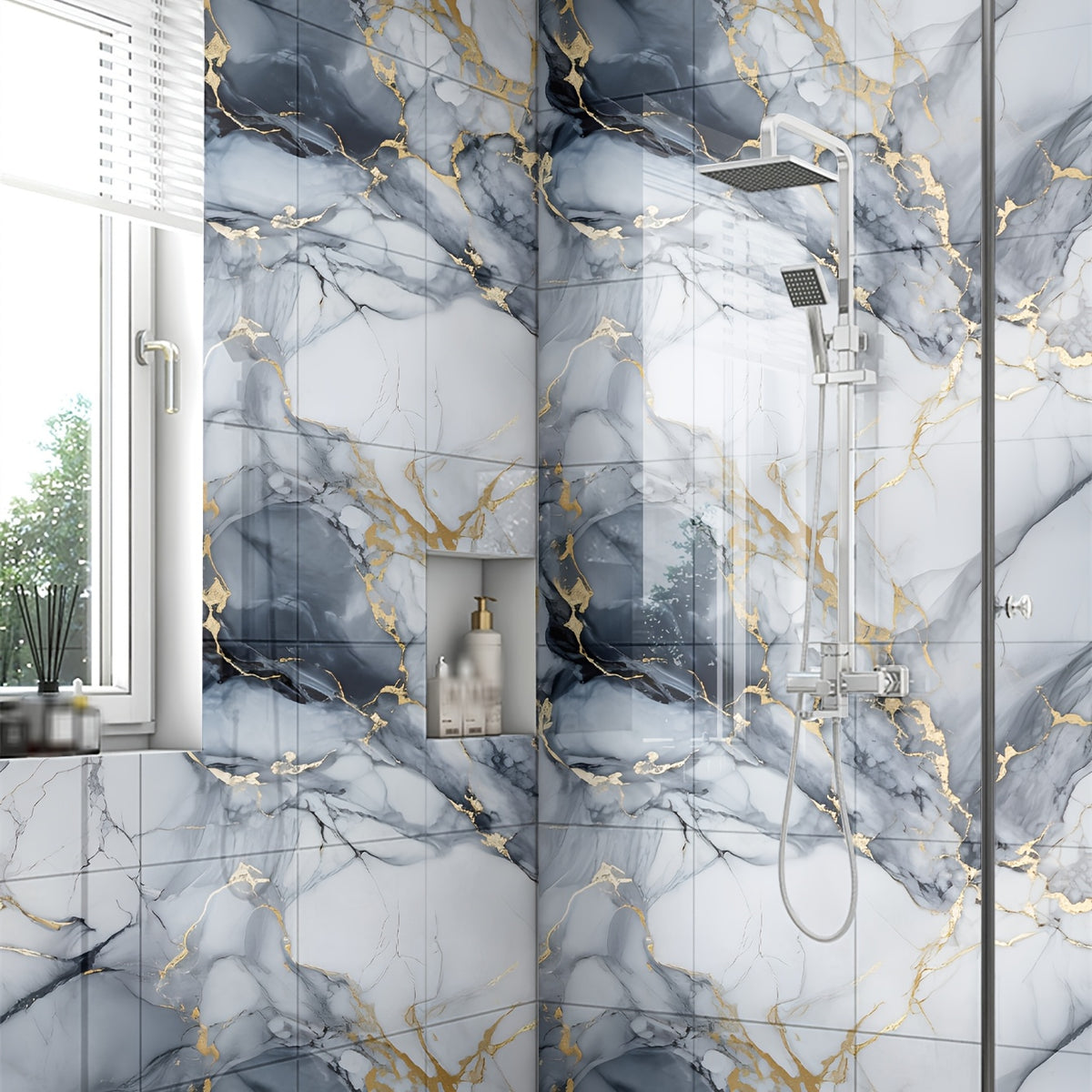 Waterproof 10/ 20pcs LuxeMarble Peel and Stick Shower Tiles - Space Theme Square Wall Hanging Decor for Bathroom, Kitchen, Living Room - 11.8"x11.8" Indoor Use PVC Wall Panels