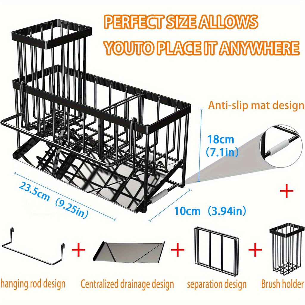 1pc Sponge Holder For Kitchen Sink With Drain Design And Dishcloth Rack, 304 Stainless Steel Sink Rack With Tall Brush Holder, Kitchen Sink Storage Box For Countertop, Soap Dispenser, Kitchen Organizer, And Essential Storage Accessories.