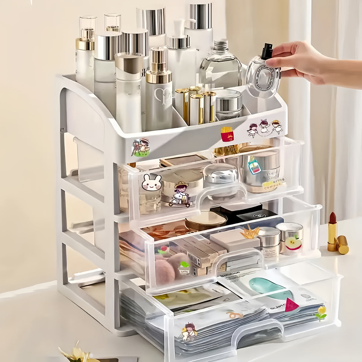 Large Capacity 4-Layer Plastic Cosmetic Storage Rack with 3 Pull-Out Drawers - Multi-Purpose Skincare, Medicine, Stationery Desktop Organizer - No Installation Pull-Out Shelf for Bathroom And Home Decor - Gift for Thanksgiving, Christmas, Halloween