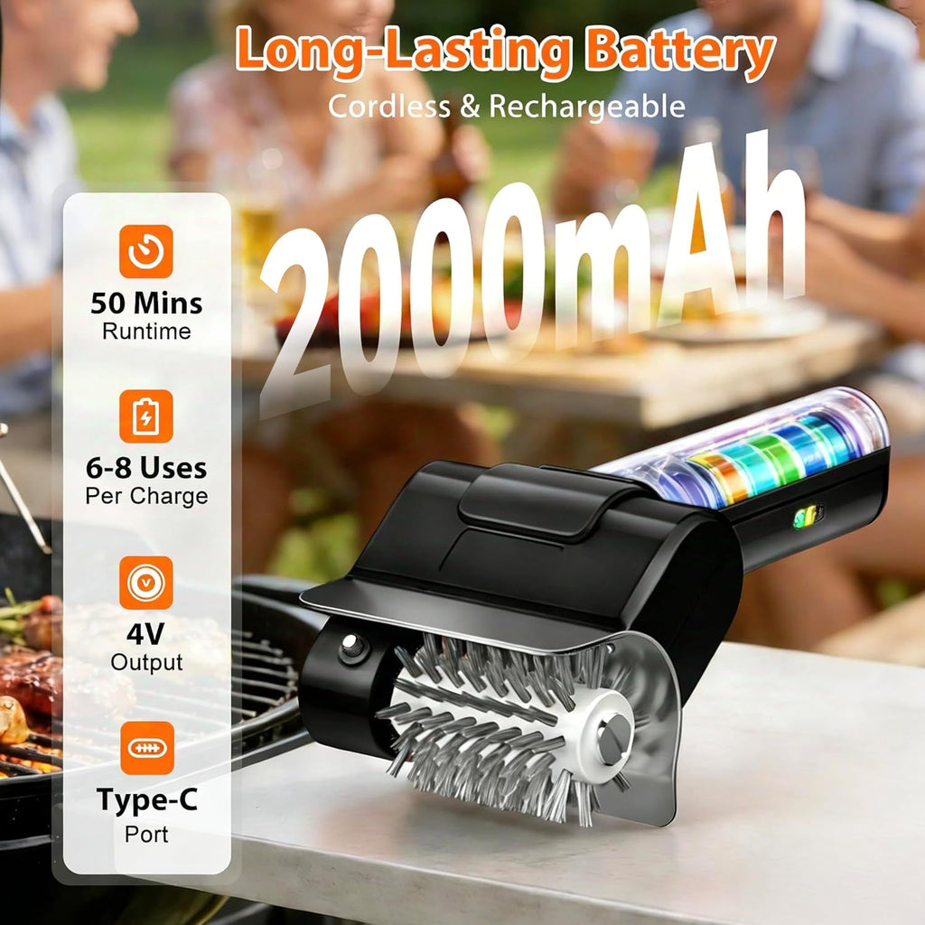 [Portable Outdoor BBQ Scrubber] Cordless Electric Grill Brush, 800 RPM Rotating Grill Cleaner, 2000Mah Rechargeable Battery, 304 Stainless Steel Bristles BBQ Cleaning Tool, Includes Replacement Brush Head And 1 Pair Gloves, Portable Outdoor Barbecue Grill