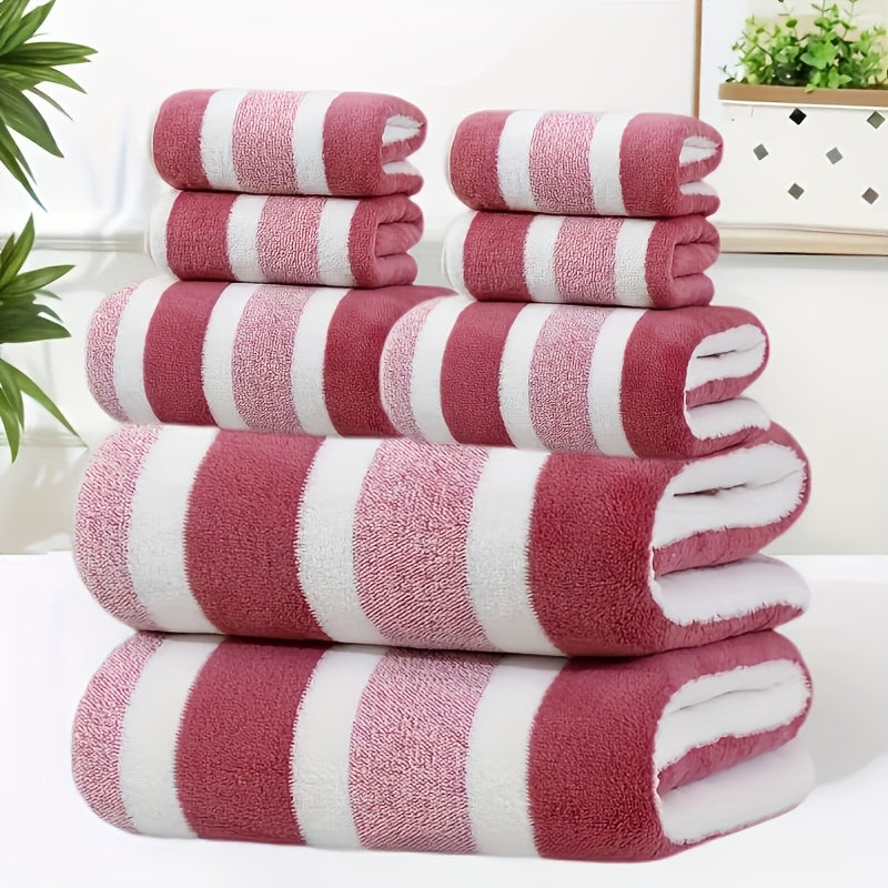 8pcs Set, No Hair Loss, Super Absorbent, Super Soft Two-color Striped Interval Bath Towel Combination, Including 2 Large Bath Towels, 2 Large Face Towels, 4 Hand Towels