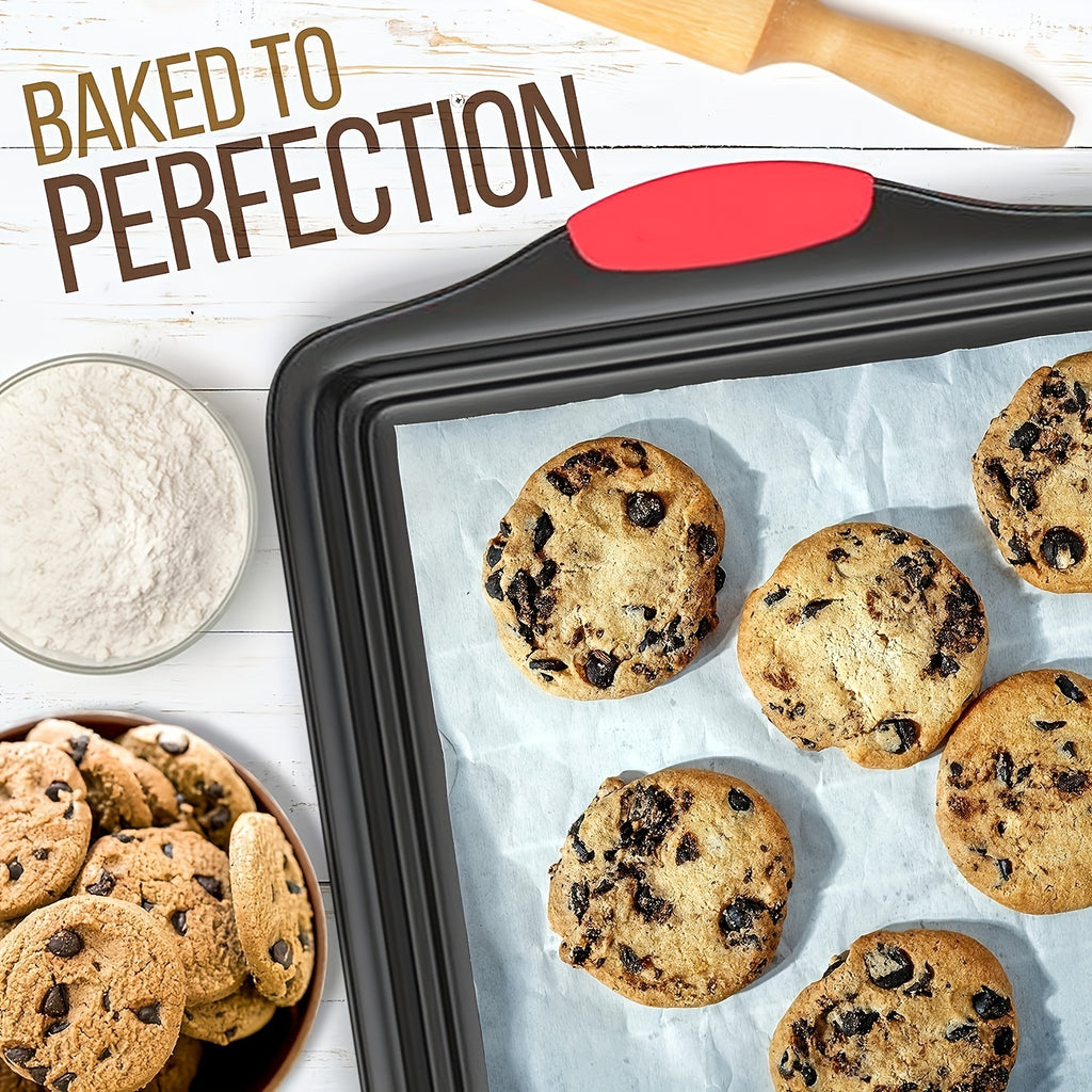 3/9pcs Carbon Steel Non-stick Kitchen Oven Baking Pan, Luxurious And Fashionable Non-stick Inside And Outside, Commercial Grade Restaurant Quality Metal Baking Pan, With Red Silicone Handle