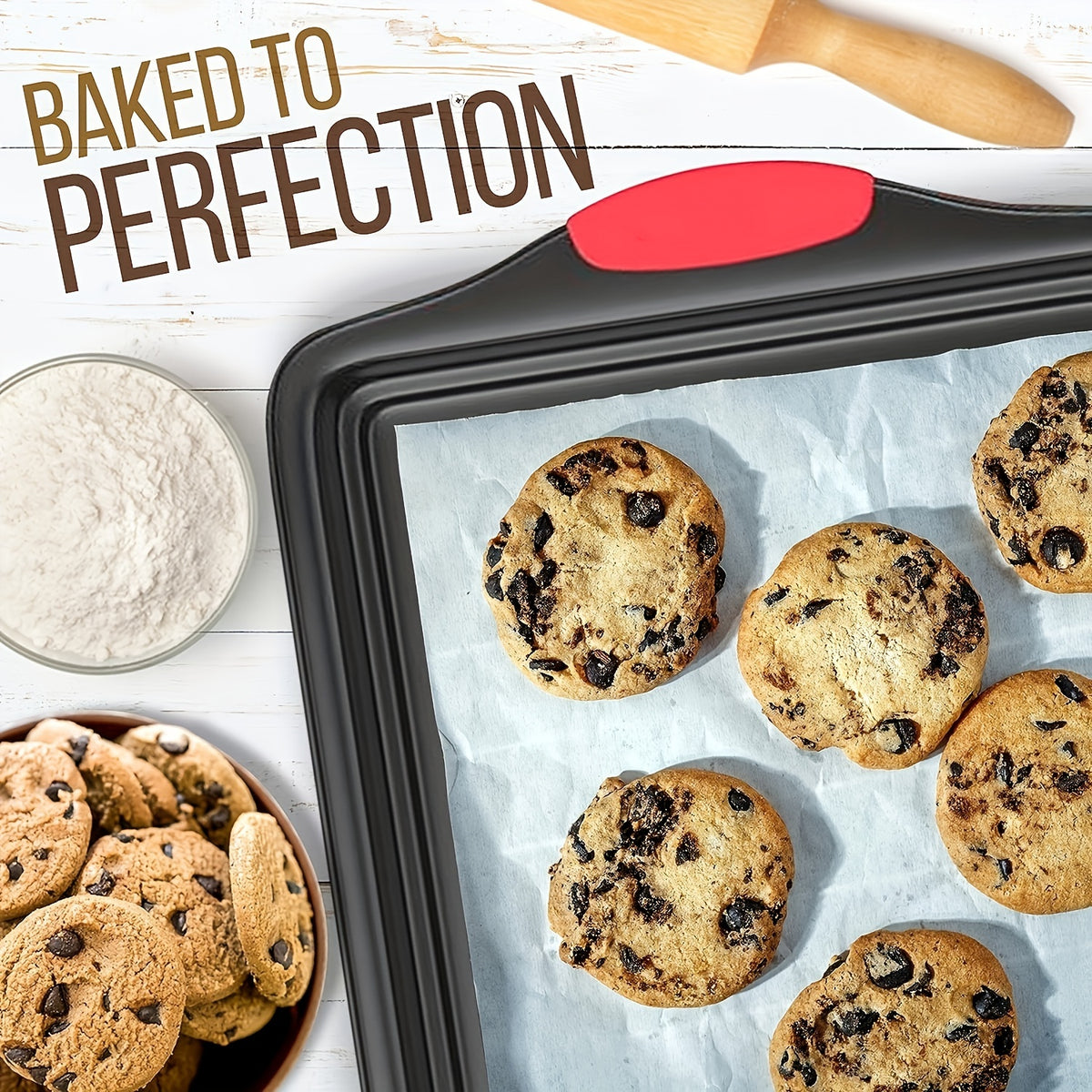 3/9pcs Carbon Steel Non-stick Kitchen Oven Baking Pan, Luxurious And Fashionable Non-stick Inside And Outside, Commercial Grade Restaurant Quality Metal Baking Pan, With Red Silicone Handle