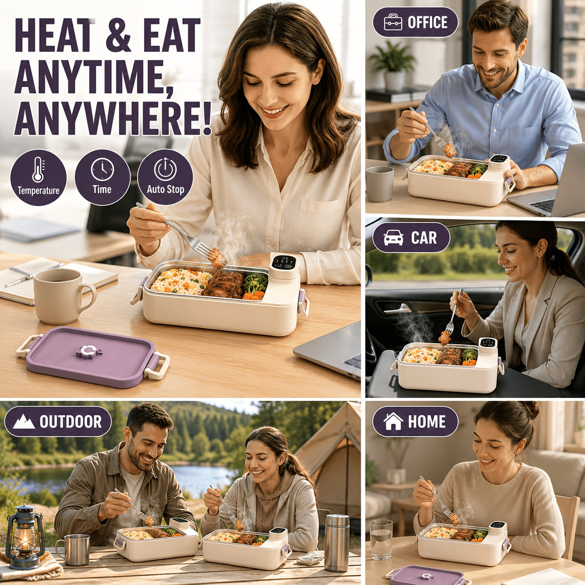 Rechargeable Lunch Box Portable Timer-Controlled (Upgraded Version), Lunch Box for Women Men, Bento Box Adult, Insulated Lunch Bag, Snack Lunch Containers with Lids, Meal Prep Containers, Heated Lunch Box