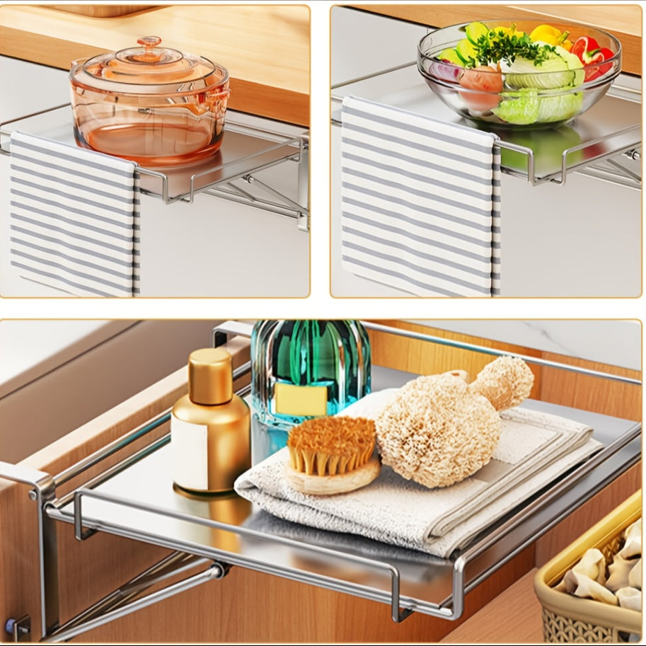 Foldable Stainless Steel Countertop Storage Rack, Silvery, Black, Kitchen Storage Rack, Cabinet Door Hanging Table Board, Bathroom Shelf, Multi-functional Hanging Cabinet Door Organizing Rack, Space-saving