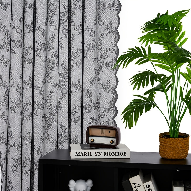 Set of Two White Lace Curtains with Floral Designs, Featuring a Bohemian Style And Semi-Transparent Fabric That Filters Sunlight. Suitable for All Seasons