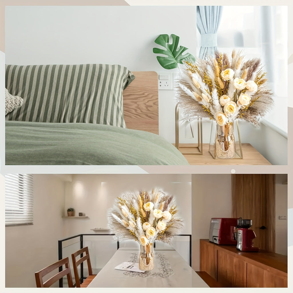 91/51pcs Large Dried Pampas Grass Bouquet with Artificial White & Beige Roses - Full Blooming Wedding, Home, Farmhouse Centerpiece - Low-Maintenance Boho Table Decor, Rustic Dried Flower Arrangement (No Vase Included)