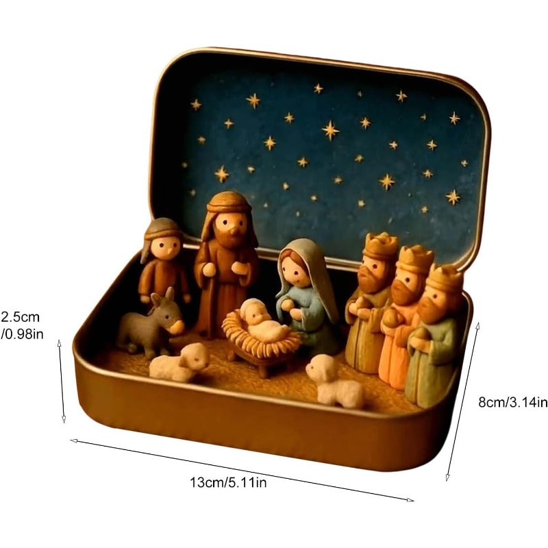 Handmade Miniature Christmas Nativity Set In Tin Box - Portable Pocket-Sized Manger Scene with Mary,, Jesus, Shepherds Animals Figures - Hand-Paintedfor/Easter Gift