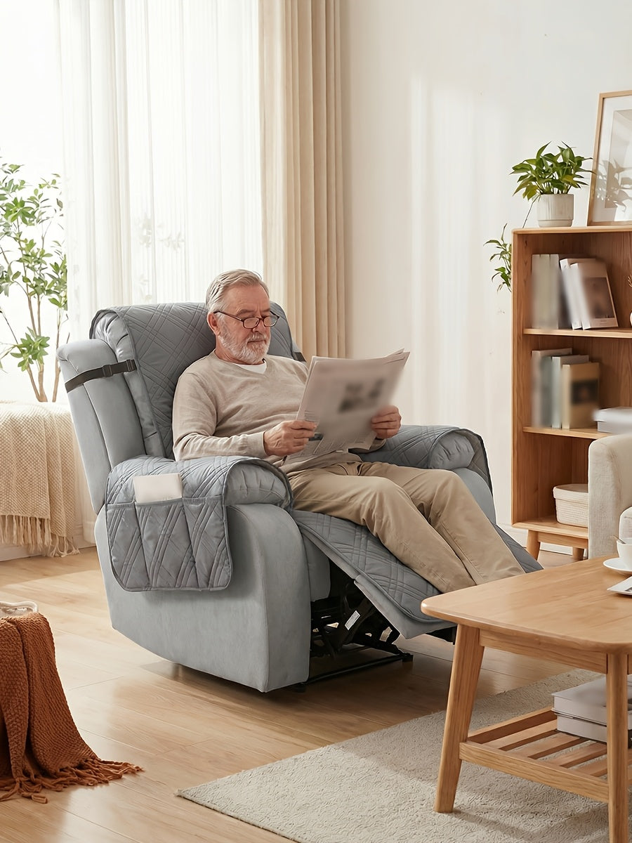 Recliner Protector Cover with Side Pocket, One-Piece Quilted Chair Cover with Elastic Band for Pet Households and Everyday Living Room Furniture Care