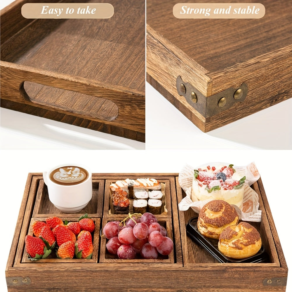 7pcs Paulownia Wood Nesting Serving Trays Set - Wood Grain Suitable for Home Decor, Coffee Table, Rustic Farmhouse Organizer with Space-Saving Nestable, Lightweight Breakfast & Party Trays for Snacks, Desserts, Drinks