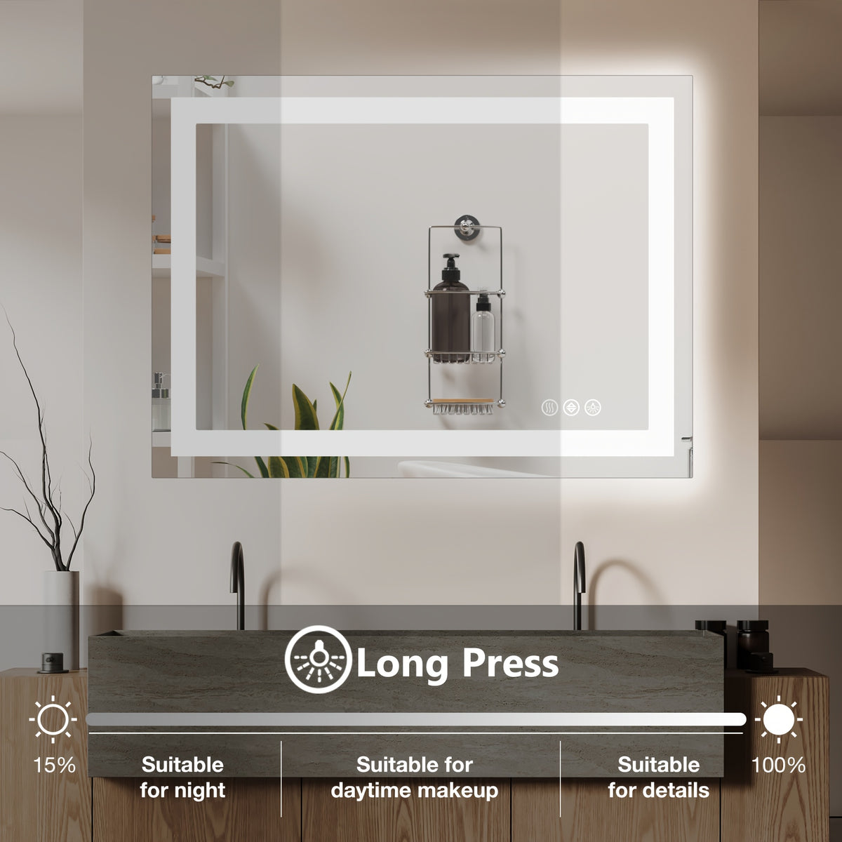 1pc Anti Fog LED Bathroom Mirror with Dual Light Source 3 Lighting Modes Dimmable 3 Color Vanity Mirror Wall Mounted Horizontal Vertical