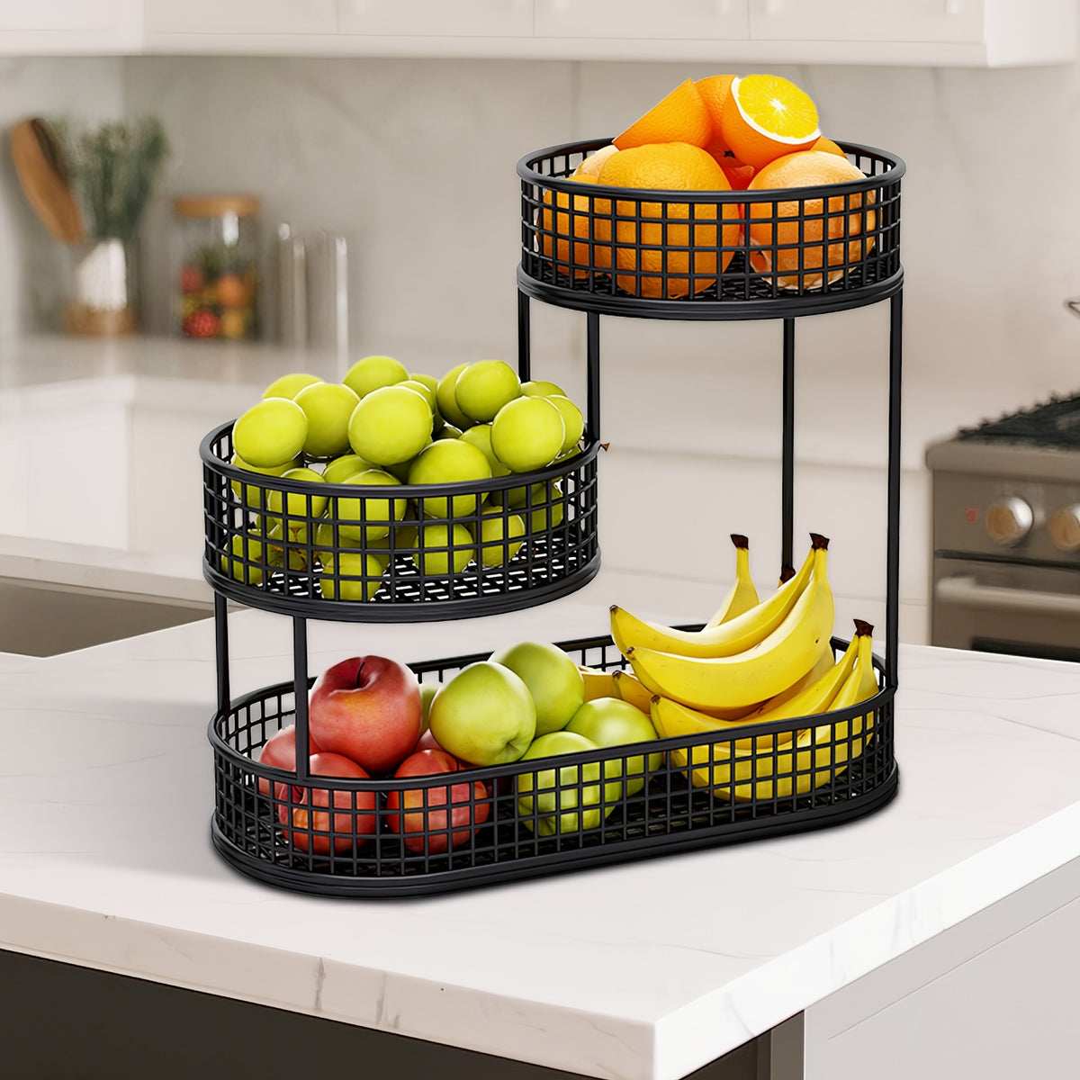 Large Capacity 3-Tier Black Metal Fruit Basket, Efficient Kitchen Organization, Perfect for Fruits, Vegetables, Bread, Snacks