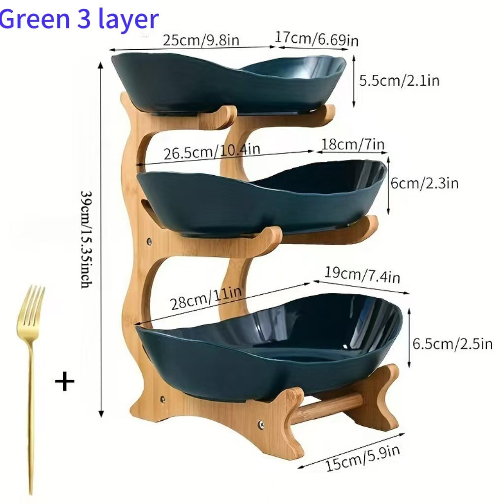 A Creative Two-Layer/Three-Layer Kitchen Fruit Basket, Large-Capacity Layered Fruit Basket, European-Style Dried Fruit Plate, Bamboo And Wood Frame, Household Snack Plate, Candy Tray, Fruit Basket, Bamboo And Wood