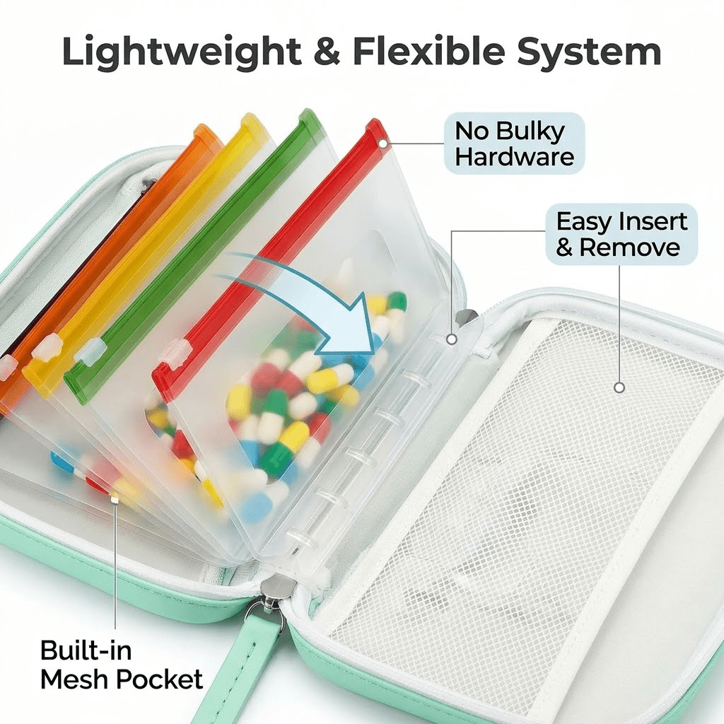 1 Pack of A8 Waterproof Pill Storage Bag Set, Large Weekly Pill Organizer with 14 Color-coded Pill Bags, Reusable Travel Medicine Storage Bag, Zipper Pill Storage Bag, Suitable for Fish Oil, Vitamins