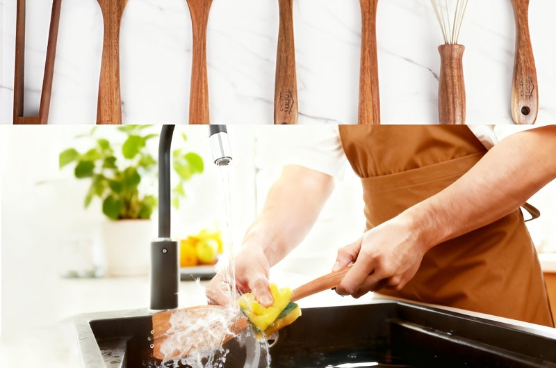 3/5/7Pcs Premium Wooden Kitchen Utensils Kit -Ergonomic Handles Natural Wooden Spoons Spurtle Ladle and Wok Spatulas Heavy-Duty Wooden Utility Set for Non-Stick Pans Heat Resistant Easy to Clean and Durable Kitchen Essentials Cookware Accessories