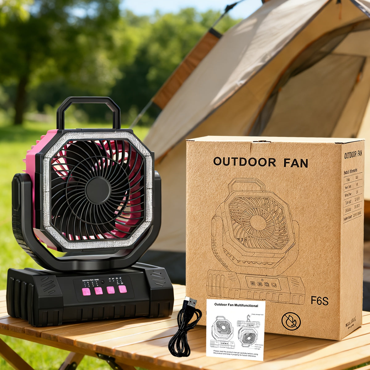 [For Indoor/Outdoor] 3-In-1 Indoor Outdoor Camping Fan Light Power Bank 20000mAh, 4-Speed Wind LED Dimming, Multi-Angle Rotation, Long-Lasting Power For Hiking Tent Office
