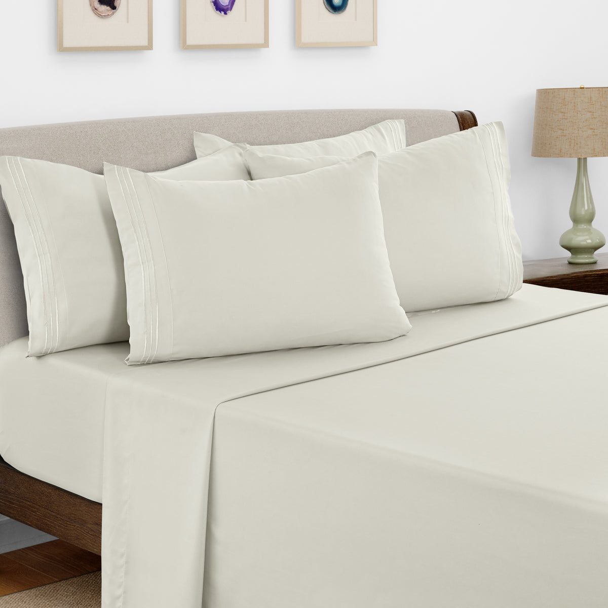 Lux Decor 6 Pieces Solid Bed Sheets Set - Modern Soft Comfortable Bedding Set, Hotel Luxury Skin Friendly Cooling Sheets & Embroidered Pillowcases Without Filler - All Seasons Bed Sheet with 16 Inches deep Pocket, Breathable Skin Friendly & Cooling Sheets