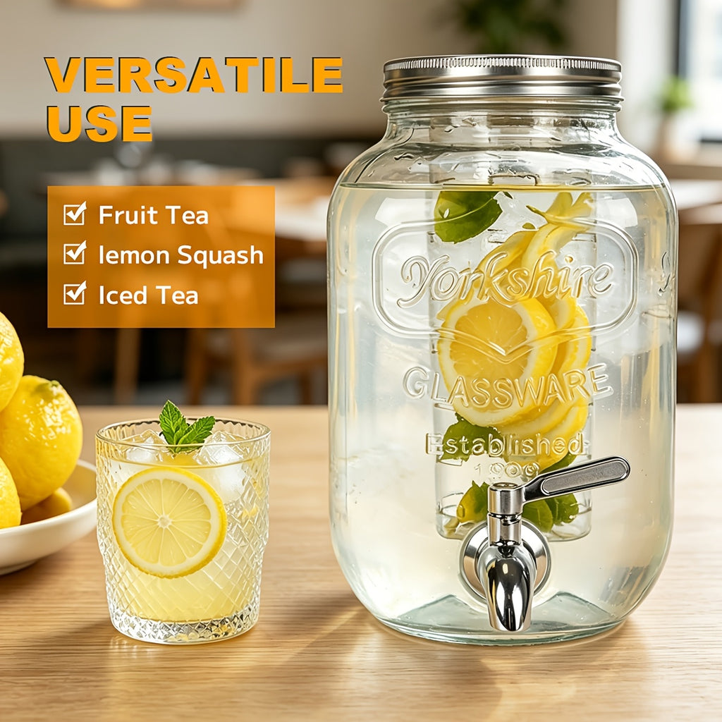 2-Pack 1 Gallon Glass Drink Dispensers for Parties, Beverage Dispenser, Glass Drink Dispenser with Fruit Infuser And Stand And Stainless Steel Spigot, Lemonade Dispenser with Ice Cylinder for BBQ, Picnic, Party, Weddings, And Events