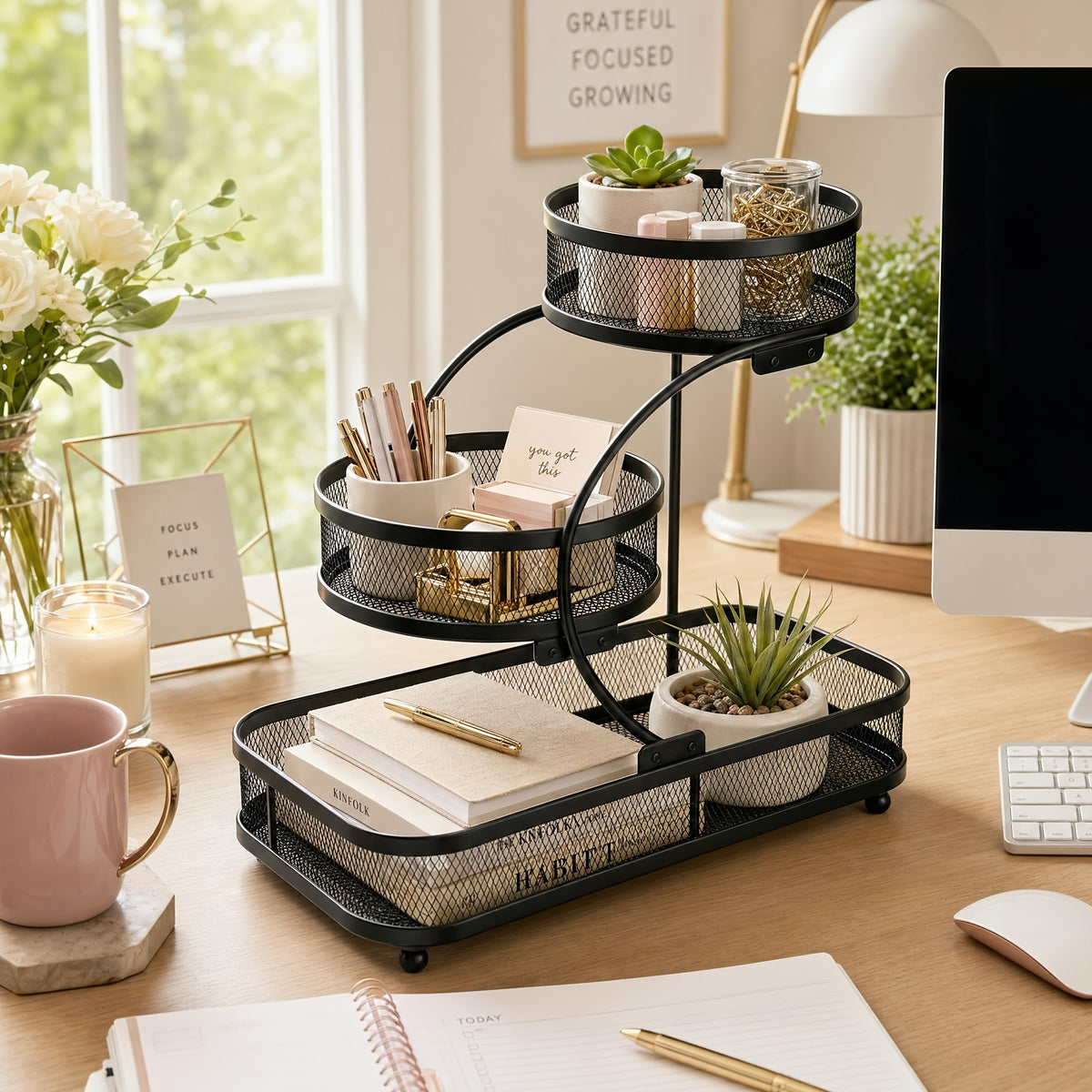 3-Tier Black Metal Mesh Storage Rack with Hooks Space-Saving Countertop Organizer for Kitchen, Bathroom Room Decor | Heavy-Duty Cosmetic Perfume Toiletry Display Stand, Shelf Baskets