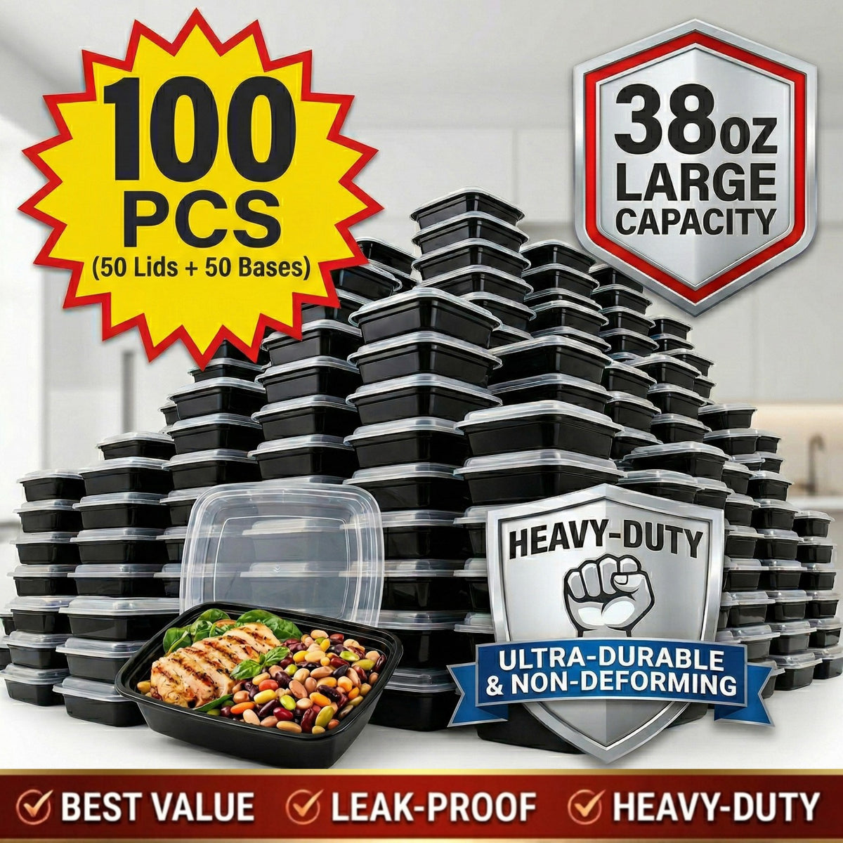 10/100pcs(5/50 Containers+5/50 Lids) 38oz Black Rectangular Meal Prep Containers, Plastic Food Storage Container, Disposable Bento Box, Lunch Box, Kitchen Organizers And Storage Accessories, Microwave & Dishwasher & Freezer Safe, Local Warehouse