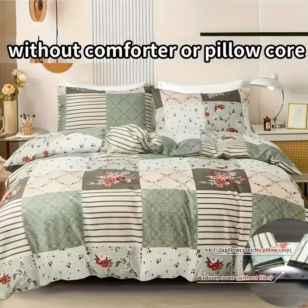 3pcs Floral Print Duvet Cover Set (1 X Duvet Cover And 2 X Pillowcases, Without Core), All-Season Lightweight Patchwork Kids Comforter Cover with Zipper, Pastoral Style Flower Plaid Patchwork Print bedding Comfortable Duvet Cover, for Kids Bedroom