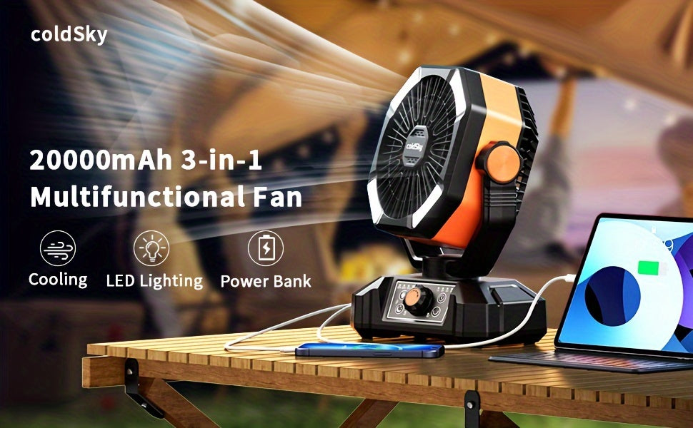 Dual Motor Camping Fan, 20000mAh Rechargeable Battery Powered Portable Fan with 8 Speeds, Remote Control, 4 LED Lights and Hanging Hook for Tents and Home