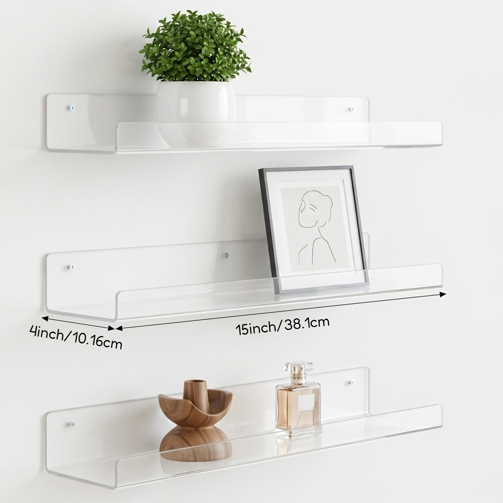 4/8/16 Pack Acrylic Shelves for Wall Storage, Room Decor, 15*4" Floating Bookshelves, Display Shelf Organizer for Bathroom, Bedroom, Living Room, Kitchen, Room Decor, Clear