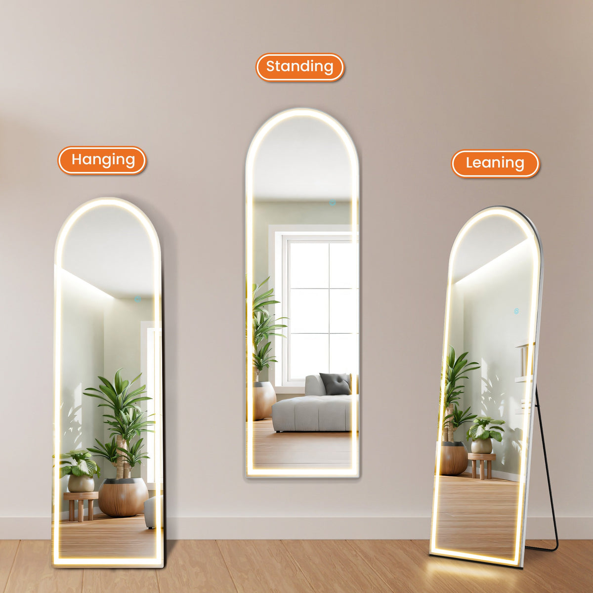 MCQ Arched/Rectangular LED Full Length Mirror, Full Body Floor Mirror Standing Hanging or Leaning Wall, Arch Wall Mirror with Stand Aluminum Alloy Thin Frame for Bedroom, Bathroom, Store