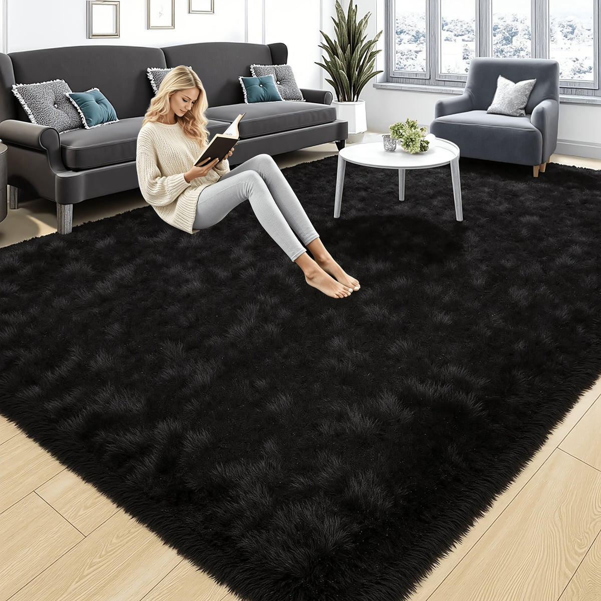 1pc Giant 71x106in Plush Area Rug | Non-Slip Fluffy, 1.6 Inch Thick, Machine Washable, Polyester, Solid Color, Rectangle, Flat Woven | Ideal for Living Room, Bedroom, Study, Makeup Room, Holiday Decoration, Cozy Home Carpet, Gray/Black