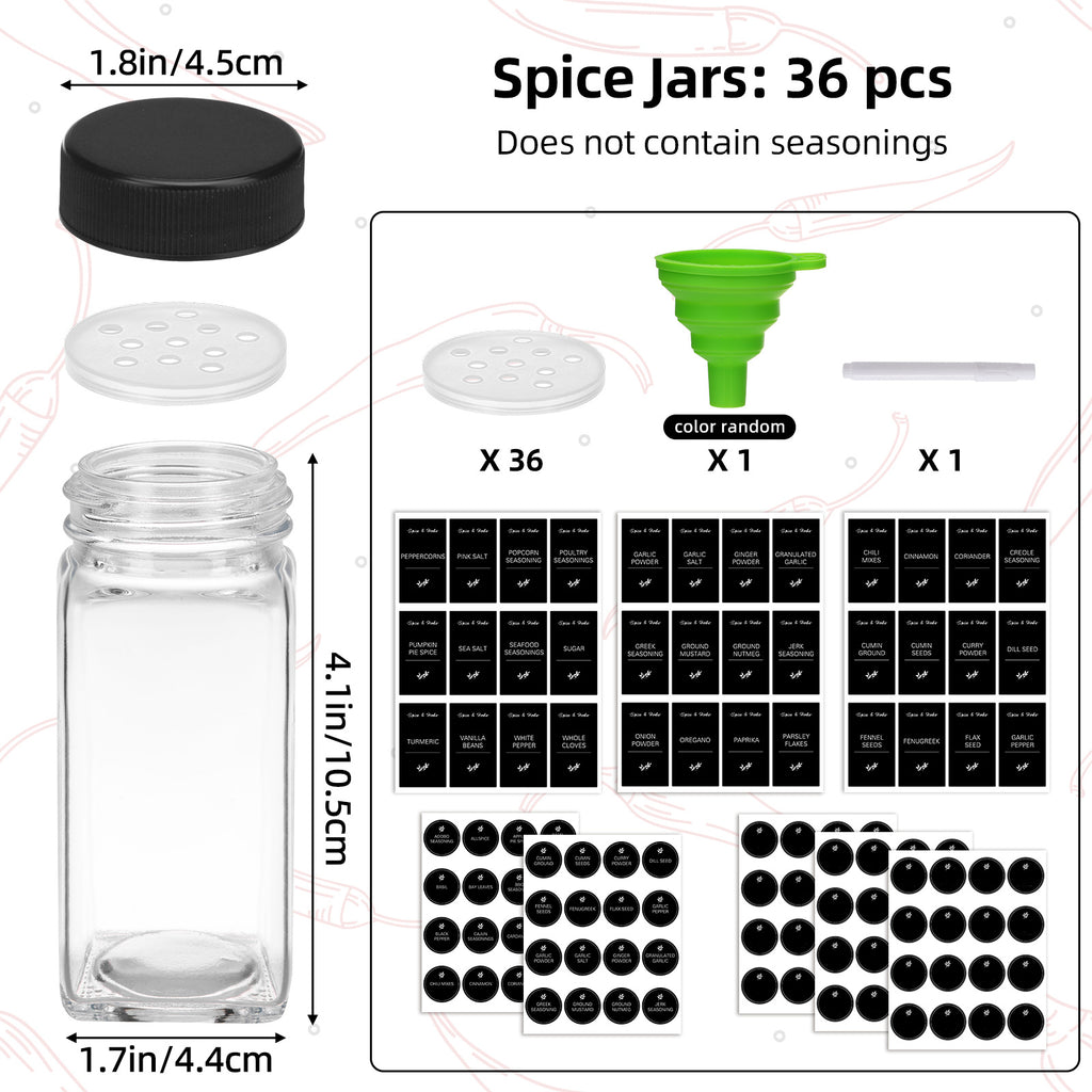 whonline 16pcs/24pcs/36pcs/48pcs Spice Jars, 4oz Glass Spice Jars with Labels - Shaker Lids, Collapsible Funnel, Brush and Marker, Seasoning Bottles for Spice Rack Drawer Cabinet