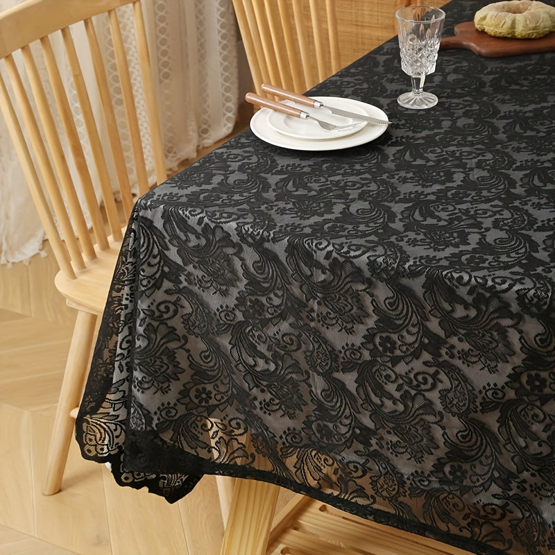 Elegant White Lace Tablecloth with Intricate Phoenix Tail Flower Embroidery - Perfect for Weddings, Receptions, Dinners, and Home Decor - Polyester, Rectangular, Machine-Made, Holiday Table Setting|Floral Lace Design|Polyester Fabric