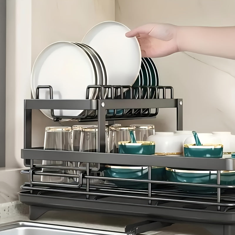 Dish Drying Rack, 2-Tier Dish Racks for Kitchen Counter, Dish Rack with Drainboard & Mat, Dish Drainer with Knife, Fork & Cup Rack, Gifts for Women, Mothers Day, Cool Stuff & Kitchen Gadgets