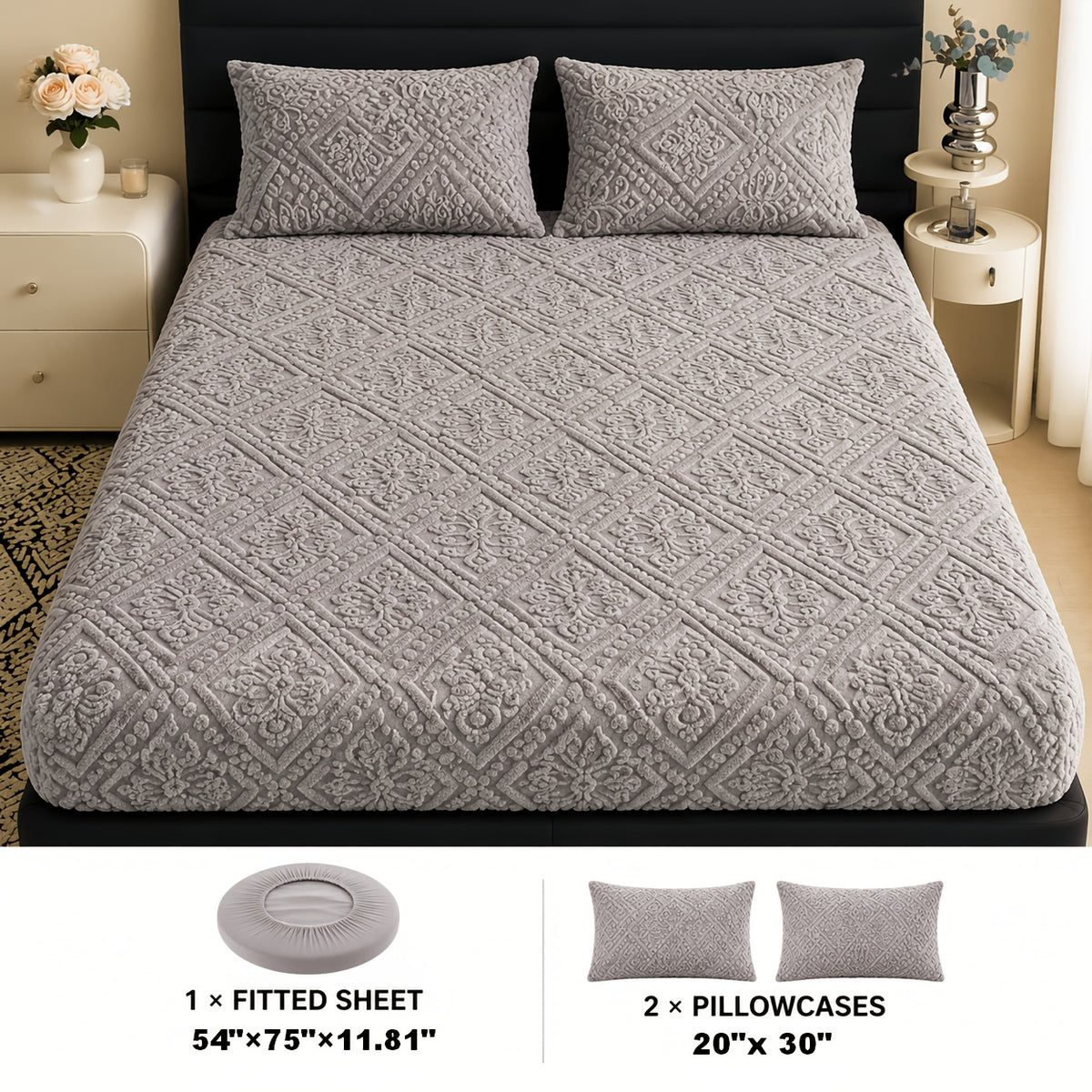 Embossed Fitted Sheet with Optional Pillowcases, Soft Deep Pocket Machine Washable Bedding in White, Gray, Khaki, Blue and Green for Twin Full Queen King