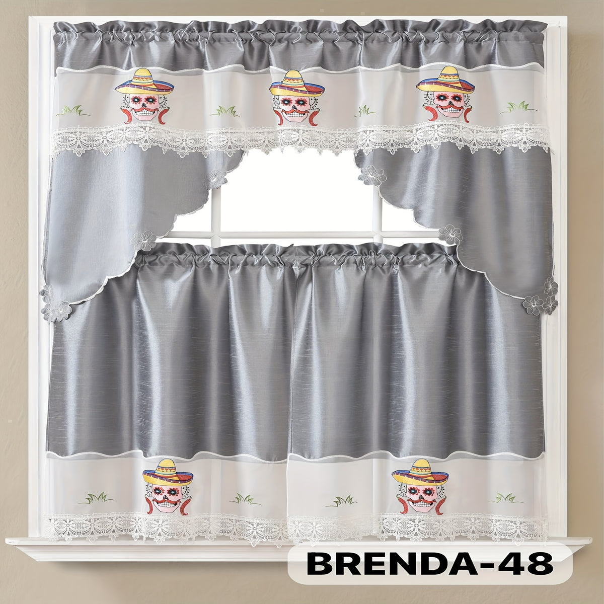 3pcs Bamboo Embroidered Kitchen Curtain Set, Floral Embroidery, Lightweight and Soft, Easy Care, Machine Washable, Satin Fabric, Embroidered