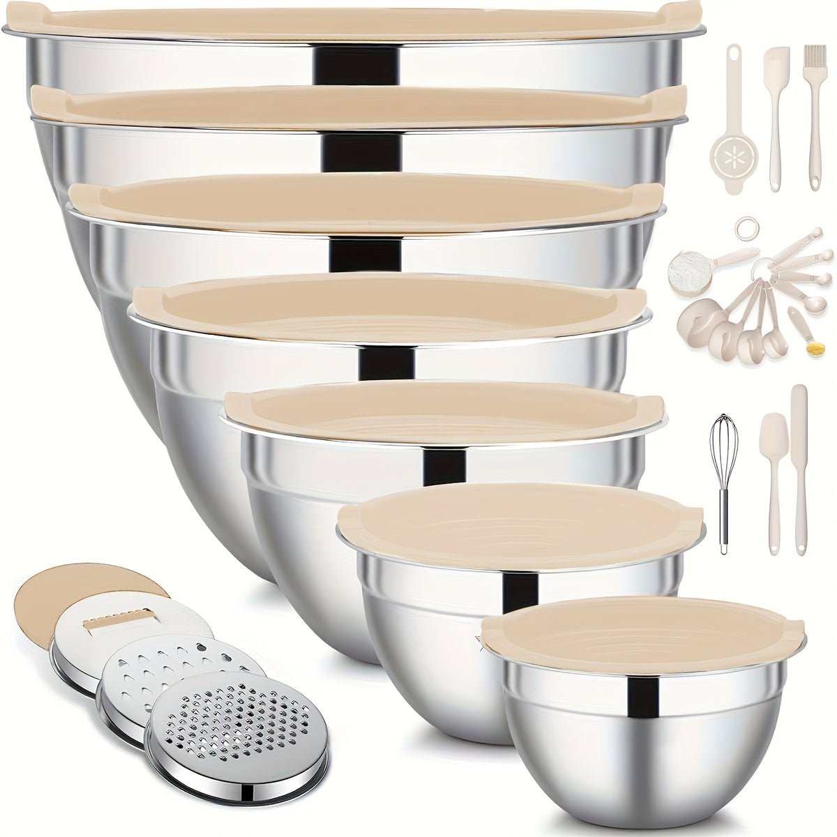 Salad Box A Set of 26 Stainless Steel Mixing Bowl Set with Lids 7 Stainless Steel Mixing Bowls - Includes Grater Attachment, Sealing Lids, Whisk & More, Non-Slip Silicone Base, Dishwasher Safe, Complete Kitchen Kit for Baking, Meal Prep, Holiday Cooking