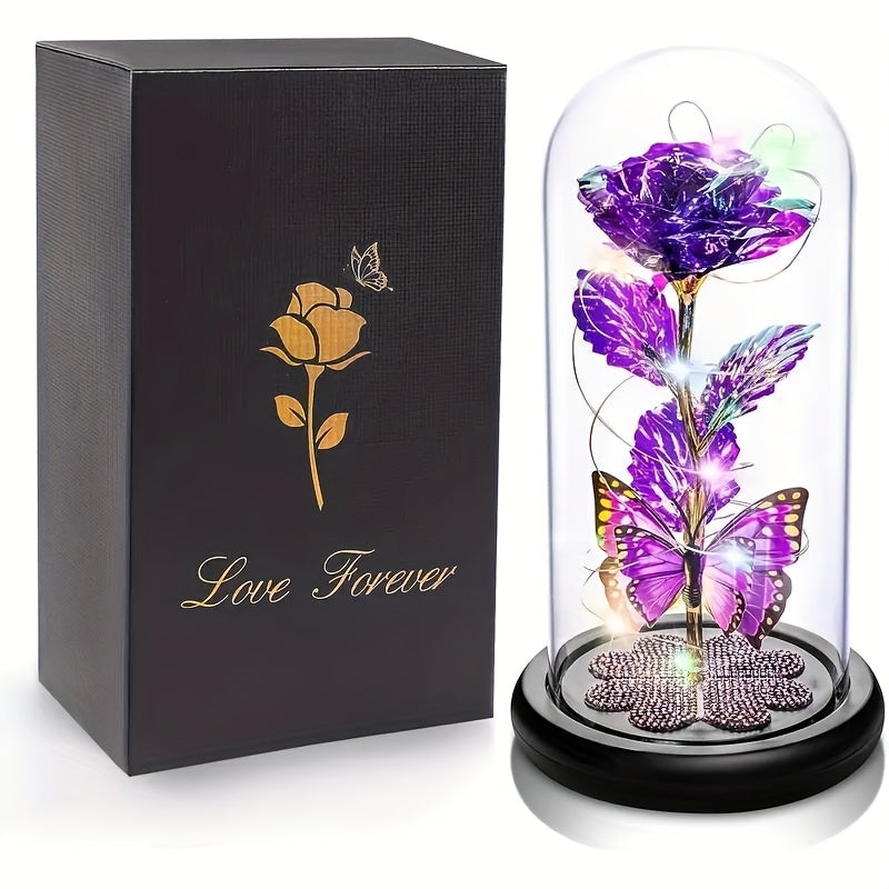 1pc Mother'S Day Rose Gift for Mother, Galaxy Glass Rose Forever Eternal Crystal Flower Glow Rose Glass Dome And Butterfly Birthday Flower Gift for Women'S Mother, Wife, Sisters, Daughter, Purple