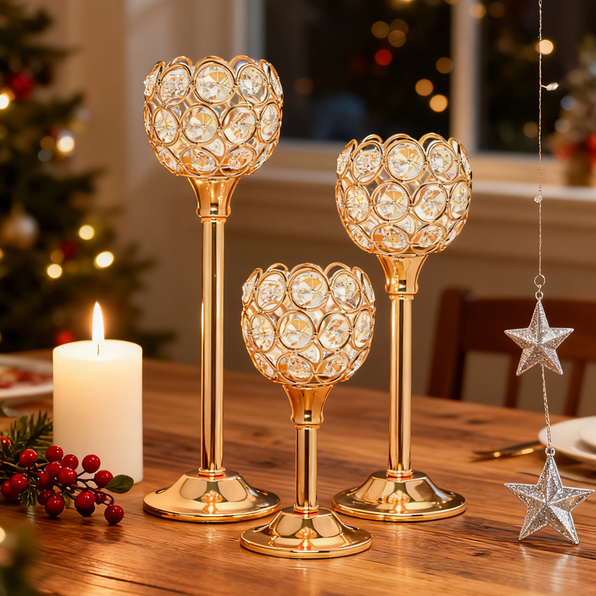 3pcs Set Crystal & Metal Candle Holders - Windproof, Perfect for Christmas, Halloween Table Decor, Romantic Dinners, Wedding Anniversaries, Home & Hotel Ambiance, Birthday Gifts - Ideal for Centerpieces, Parties (Candles Not Included)