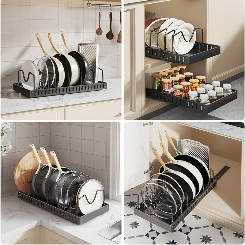 [Kitchen Accessories] 1/2Pcs Cabinet Pull-Out Pot Rack, A Sliding Pot Lid Holder And Flat Pan Holder For The Kitchen, A Sliding Storage Box Within The Cabinet, Suitable For Storing Pot Lids, Baking Utensils, And Plates. 8/16 Adjustable Dividers. Kitchen A