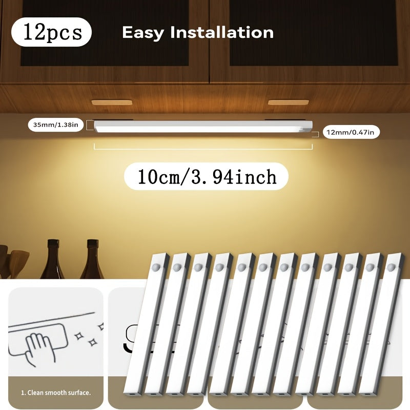 12-Pack Motion Sensor Under Cabinet Lights, USB Rechargeable Wireless LED Closet Lights, 3 Modes, Stick-On Night Lights for Kitchen, Bedroom, Stairs, Wardrobe, Pantry