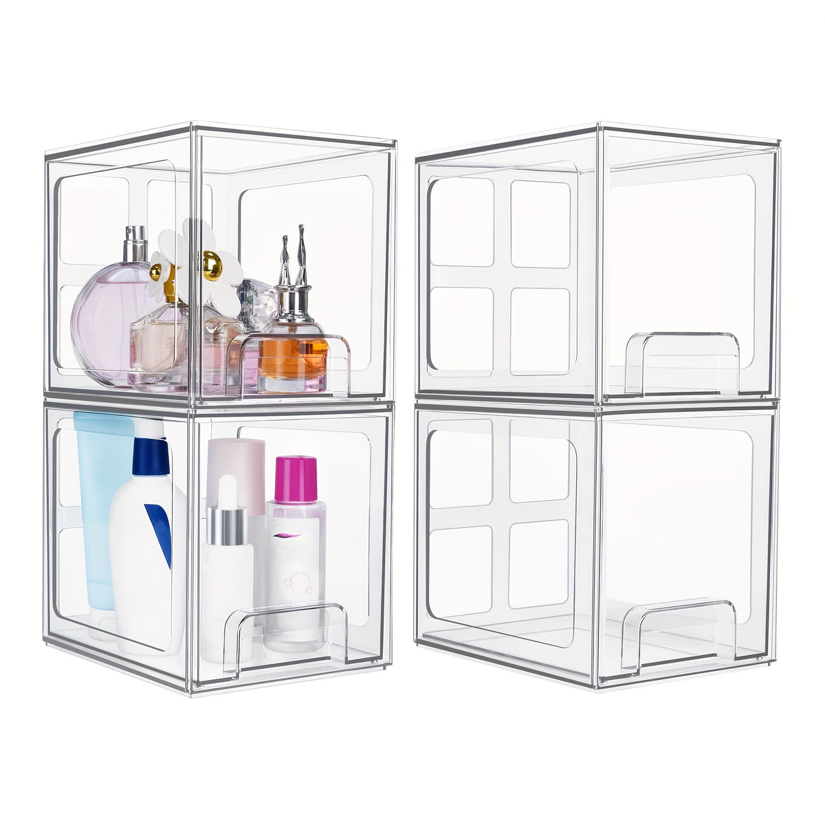 4 Pack Stackable Storage Drawers, 7.5"D X 6"W X 6.6"H Acrylic Bathroom Makeup Organizers, Clear Plastic Storage Bins for Vanity, Perfume Organizer