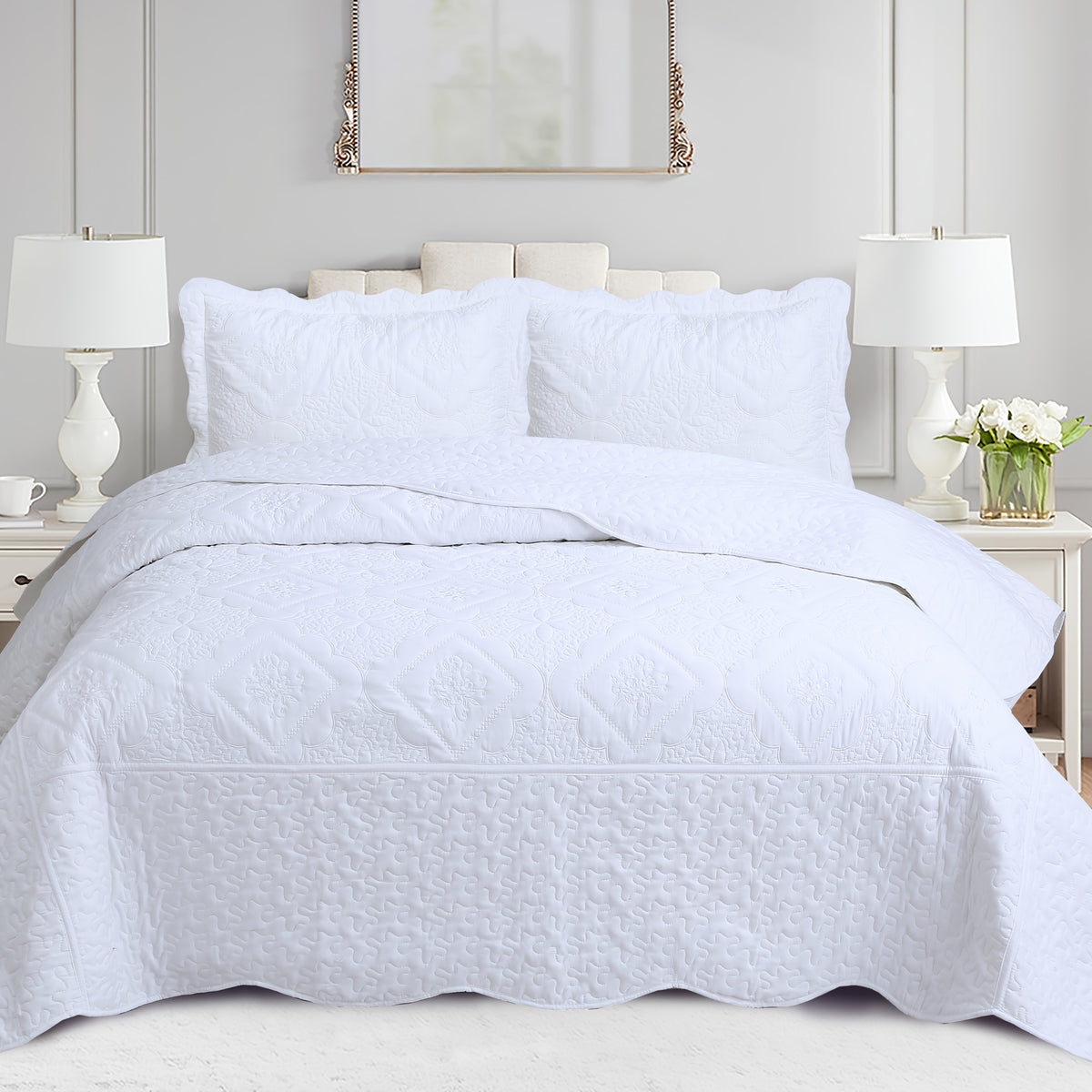 3pcs Exquisitely Crafted King/ Queen Size Quilted Bedspread Set with Intricate Floral Embroidery - 100% Polyester, Wrinkle - Resistant, Lightweight, Perfect for Adding A Touch of Elegance To Your Bedroom Decor