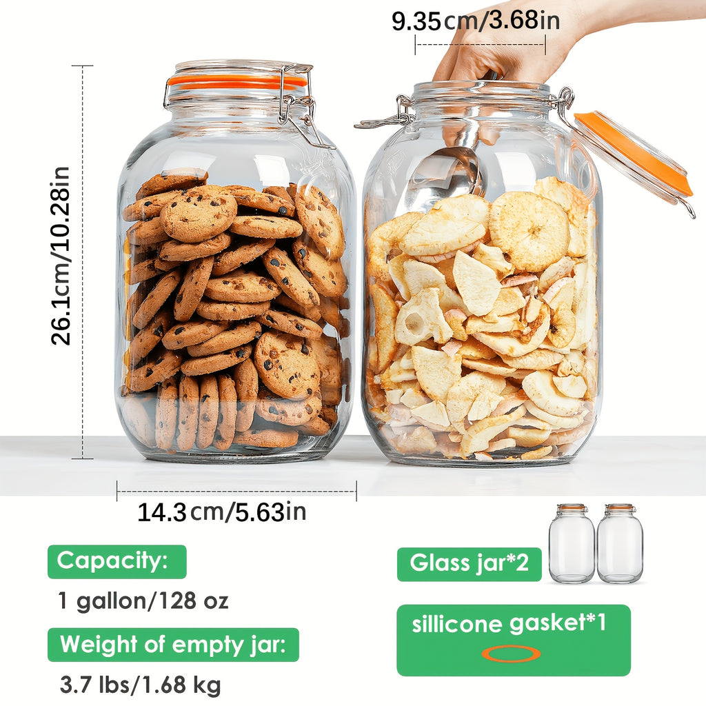 Glass Jars with Airtight Lids, 2 Pack - 1 Gallon Wide Mouth Storage Mason Jars with Hinged with 1 Replacement Silicone Gaskets for Fermenting, Canning, Preserving