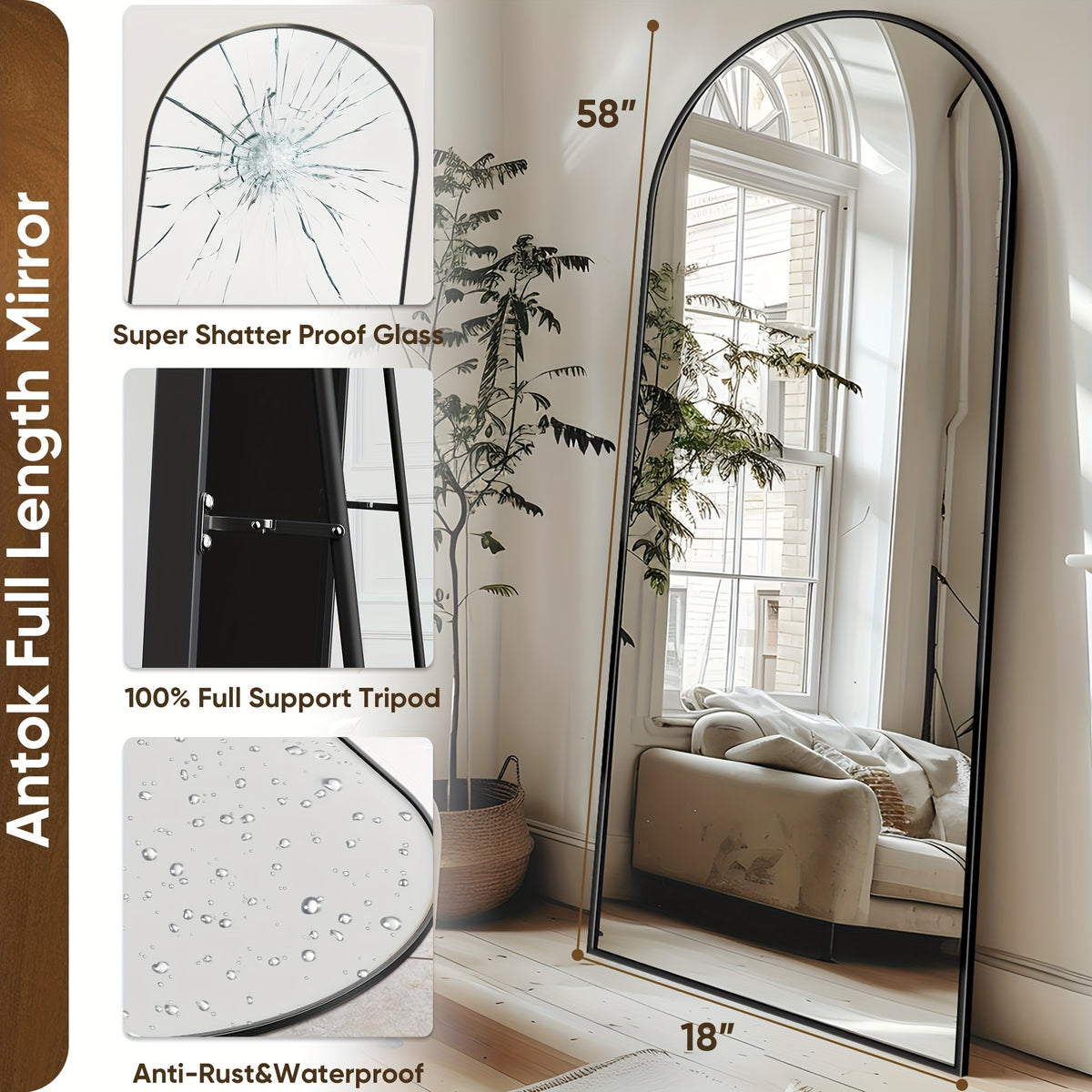 58"x19" Full-Length Mirror Arch Floor Stand - Freestanding, Vertical Orientation, No-Electricity Installation, Ideal for Bedroom, Living Room, Cloakroom - Durable Glass & Metal Frame, Mirror Wall Decor