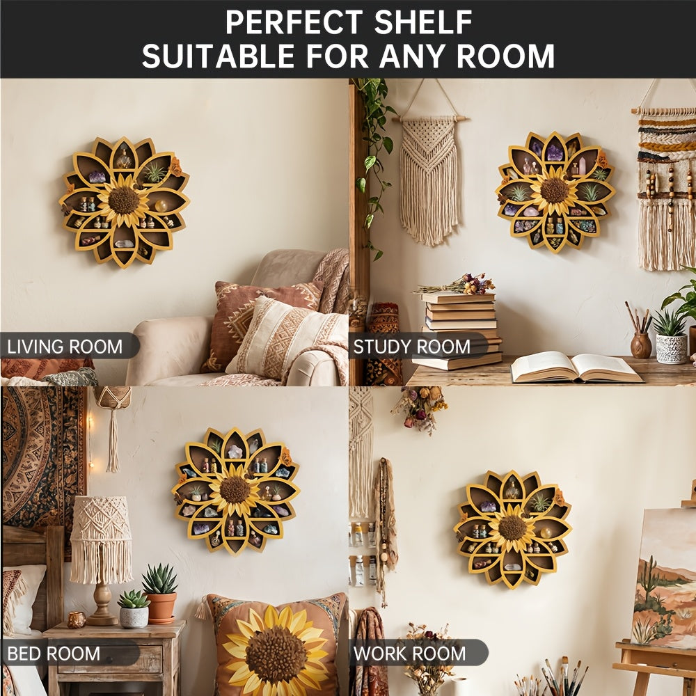 FNYDOXGI 1pc Wooden Sunflower Floating Shelves Wall-Mounted Organizer - UV Printed Spiritual Decor with Gemstones, Essential Oils & Meditation Art, Multi-Functional Storage for Living Room, Meditation Space, Meditation Room Decor, Vibrant Wall Art